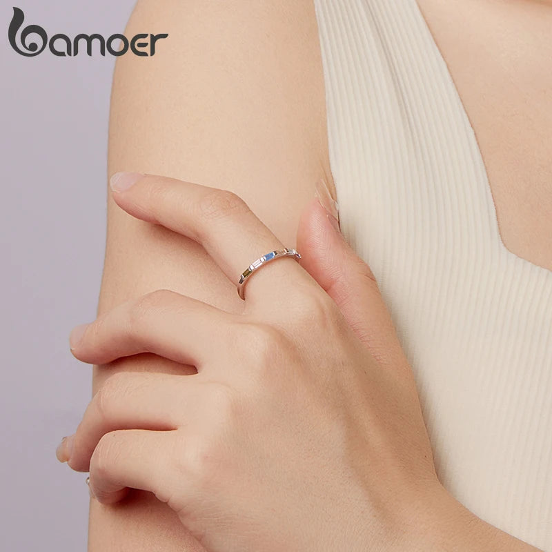 BAMOER 925 Sterling Silver Dainty Rainbow Single Band Colorful Zirconia Band Finger Ring for Women Teens Unique Beach Party Gift