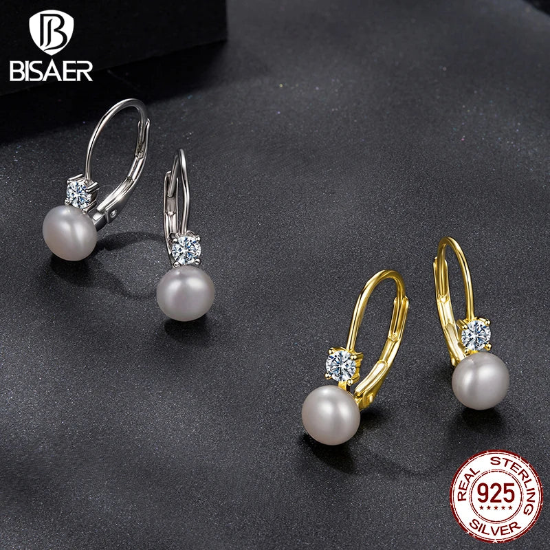 BISAER Moissanite Freshwater Pearl Earrings Soli 925 Sterling Silver for Women Round Cut Lab Diamond Wedding Party Fine Jewelry