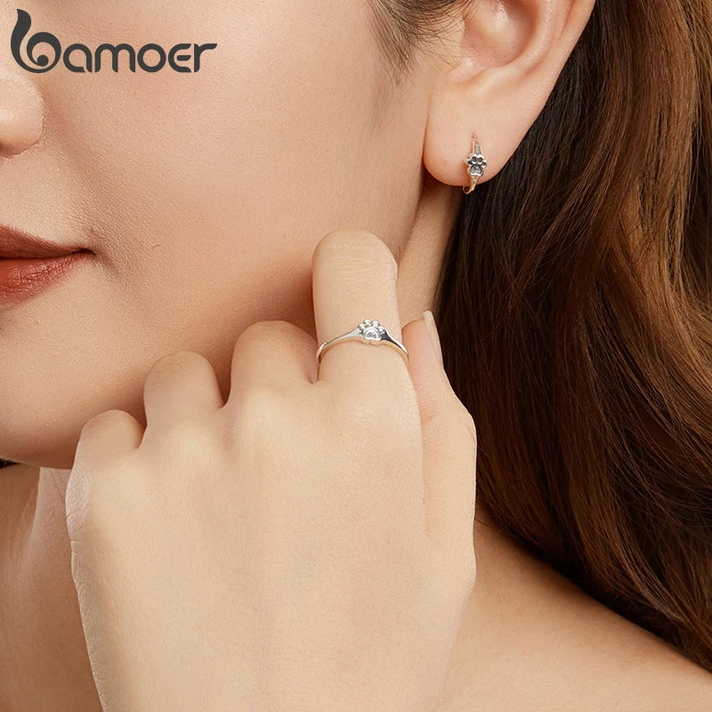 Bague BAMOER en argent massif 925, motif patte d'animal, pour femme ; bague minimaliste classique pour les amoureuses des animaux.