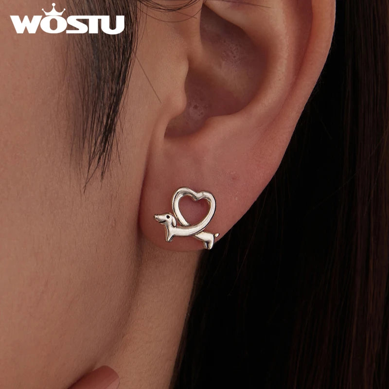 WOSTU 925 Sterling Silver Dachshund Heart Stud Earrings For Pet Lover, Unique Girl Birthday Gift S925 Animal Dog Ear Studs