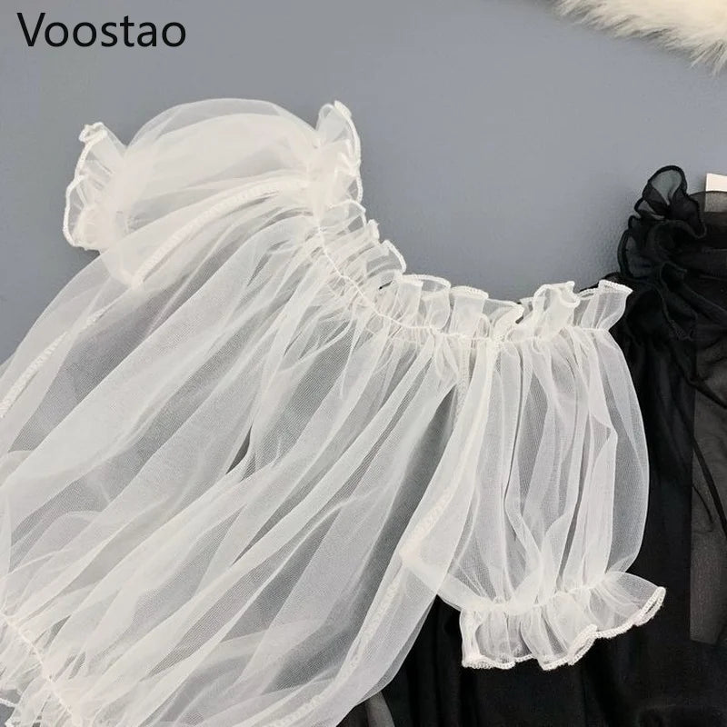 Summer Women Sweet Lolita Style Blouses Kawaii Slash Neck Ruffles Mesh Shirts Female Sexy Cute Short Puff Sleeve Blusas Mujer