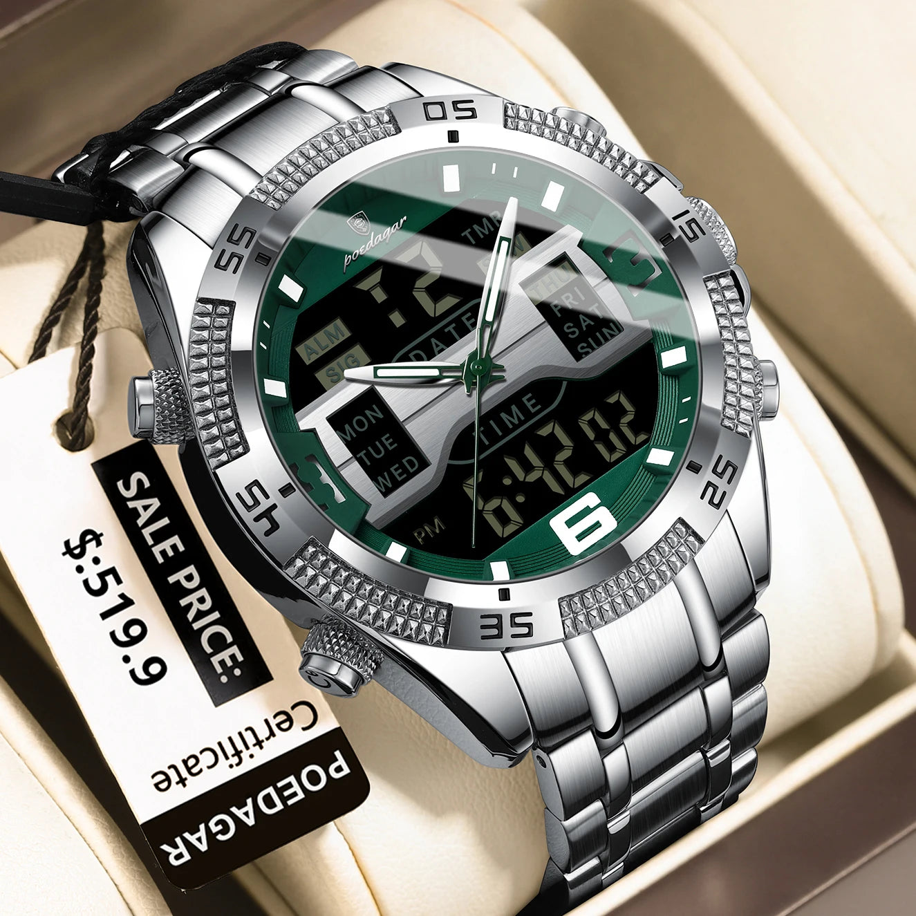 POEDAGAR Sports Luxury Man Wristwatch Dual Time Display Digital Week Date LED Luminous Men Watch Electronic Quartz Men's Watches