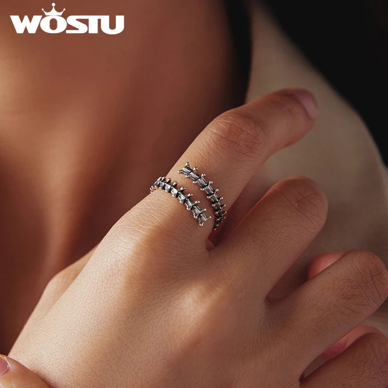 WOSTU 925 Sterling Silver Vintage 925 Sterling Silver VertebraeOpen Ring, Punk Spine Adjustable Rings Edgy Halloween Gift