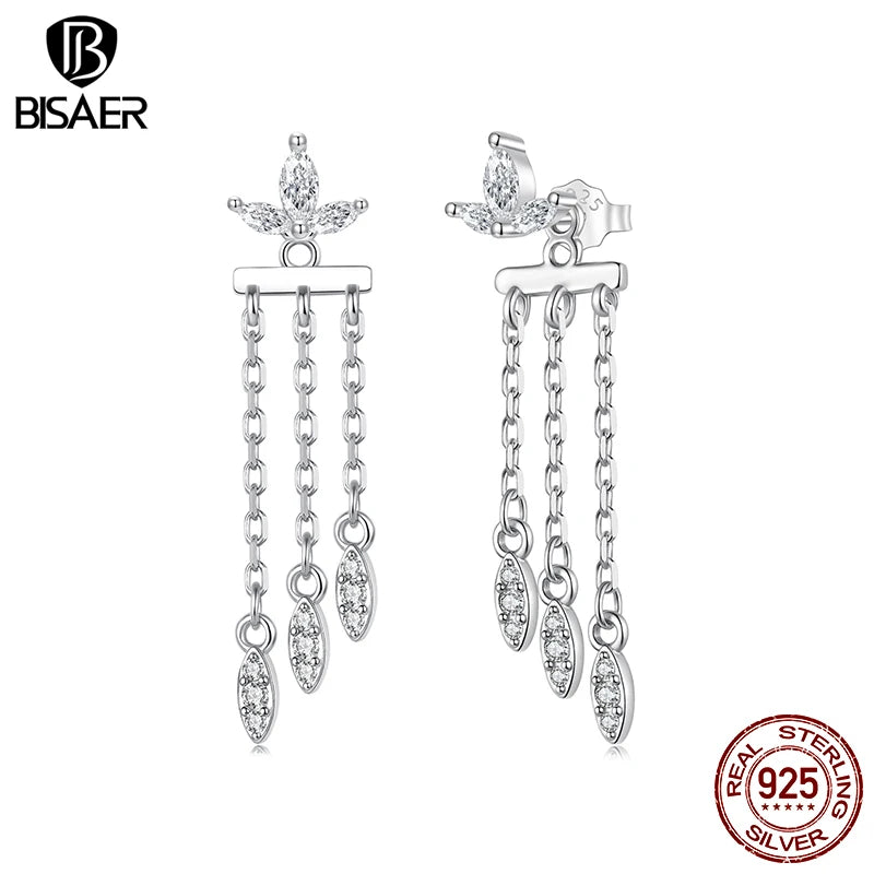 BISAER 925 Sterling Silver Flower Tassel Front-Back Stud Earrings  Hypoallergenic Plated White Gold for Women Party Fine Jewelry