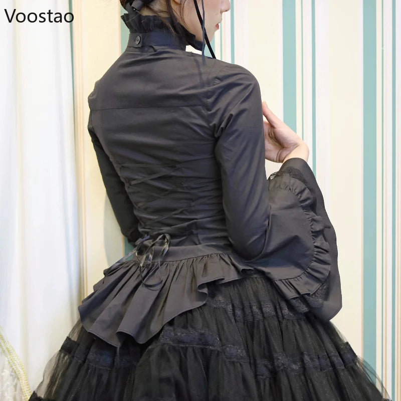 Japanese Gothic Lolita Flare Sleeve Shirts Women Y2k Aesthetic Lace Ruffle Patchwork Blouse Elegant Lady Loose Blusas Mujer Tops