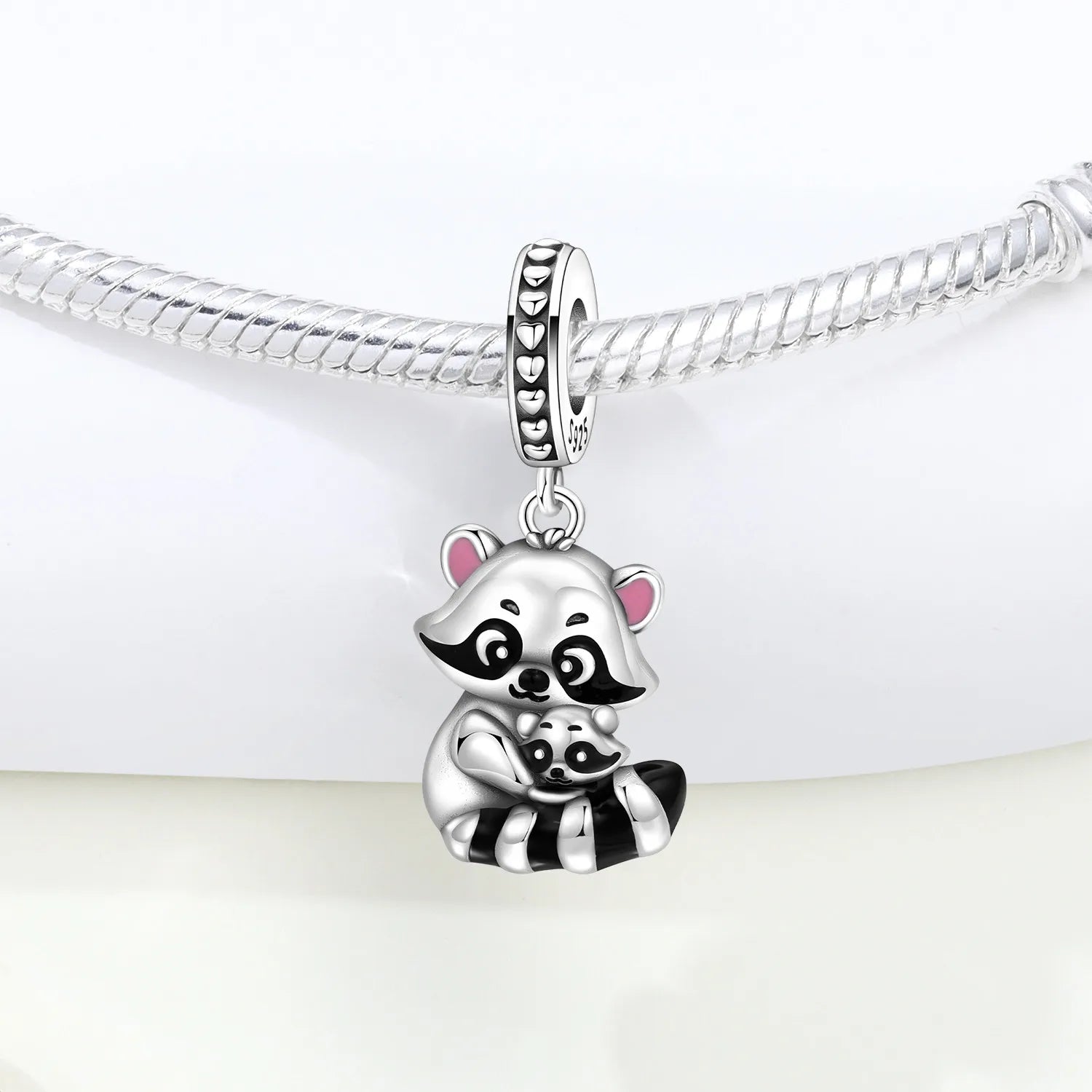 PANPOKI 925 Sterling Silver Cute Raccoon Mother Child Animal Beads Original Pendants Bracelet Charm Jewelry Party DIY Gifts