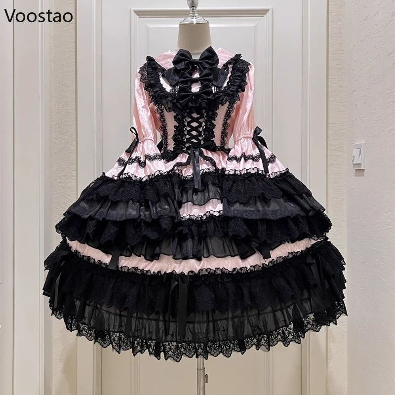 white christmas dresses Victorian Vintage Lolita OP Dress Women Kawaii Cute Bow Lace Ruffle Fl