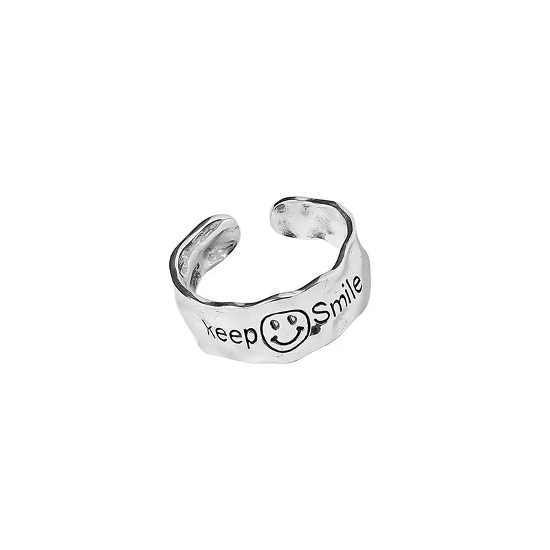 Retro Keep Smiling Irregular Ring For Women Punk Gothic Rock Hiphop Open Ring Handmade Designer Jewelry Unisex Accessories Gift
