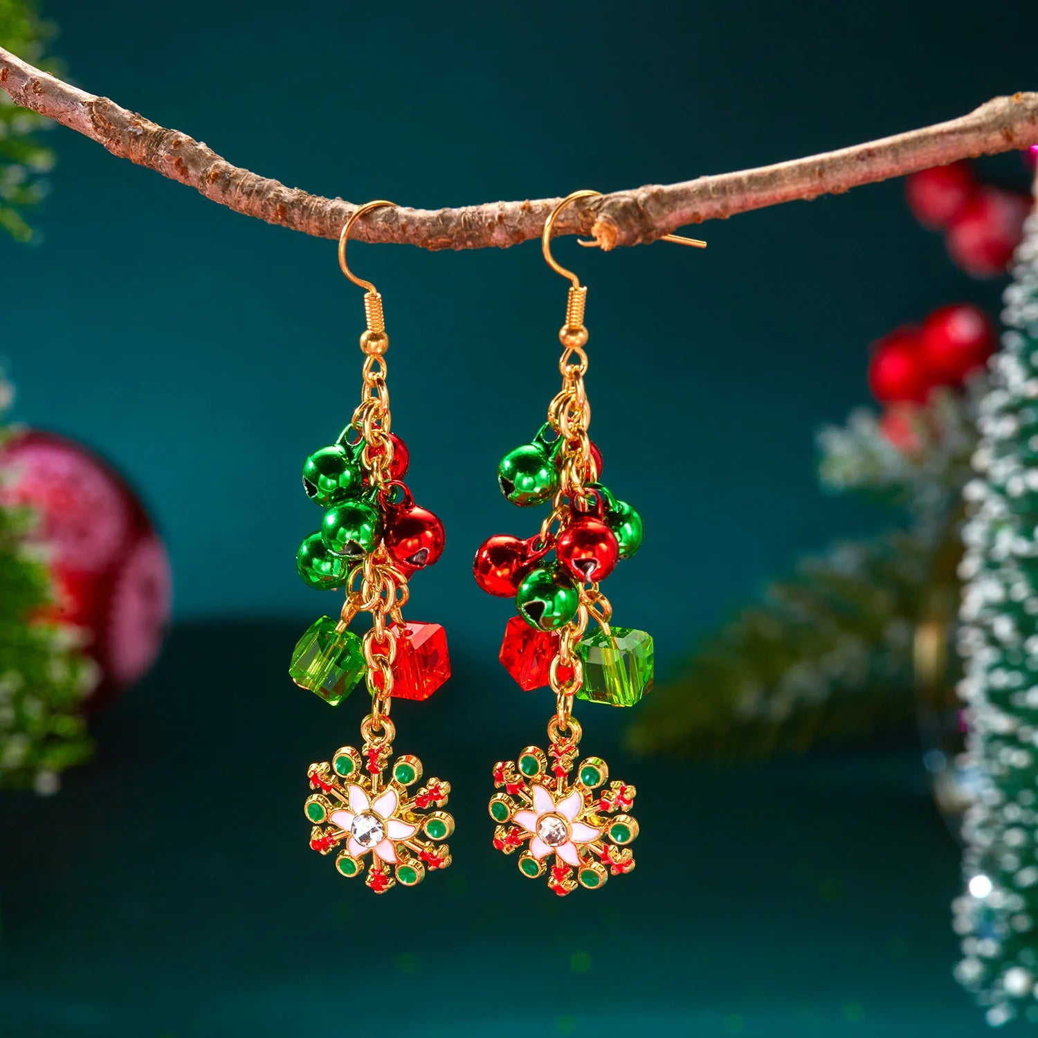 Christmas Colorful Bell Tassel Earrings for Women Zircon Snowflake Xmas Tree Beads Long Earring New Year Festival Party Gifts