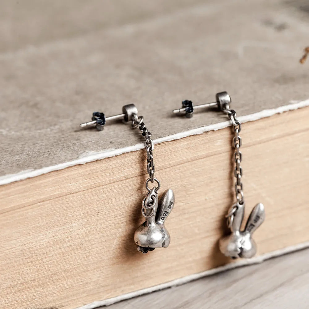 MKENDN 100% 925 Sterling Silver Creative Cute Evil Rabbit Skull Drop Earring Trendy Street Punk Style Men Women Fine Jewelry