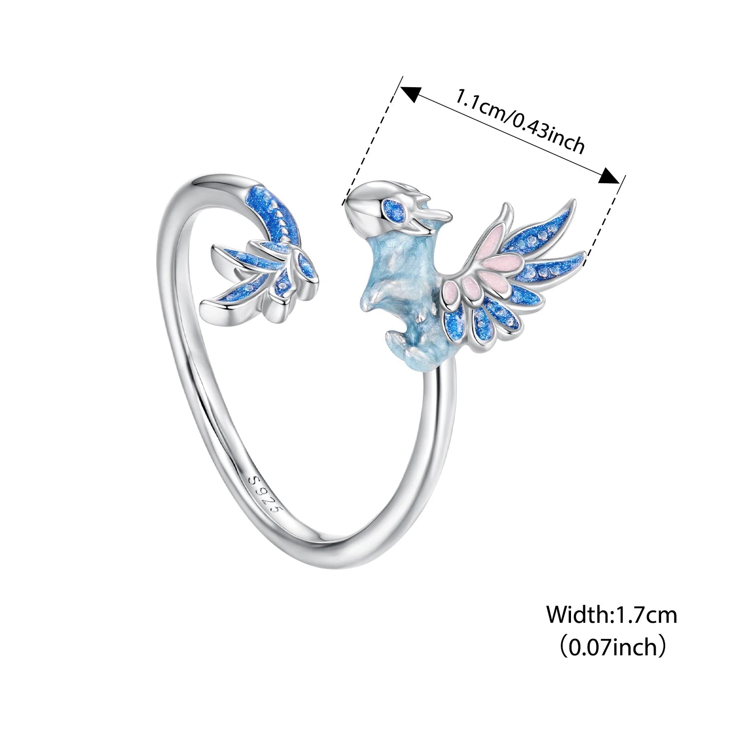 BISAER 925 Sterling Silver Flying Dragon Open Ring Blue Enamel Band Plated White Gold for Women Party Original Fine Jewelry