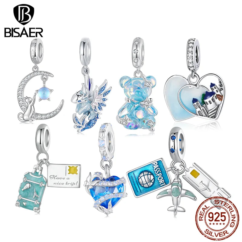 BISAER 925 Sterling Silver Flying Dragon Pendant Dream Bear Travel Plane Suitcase Charm Bead for Women DIY Bracelet Fine Jewelry