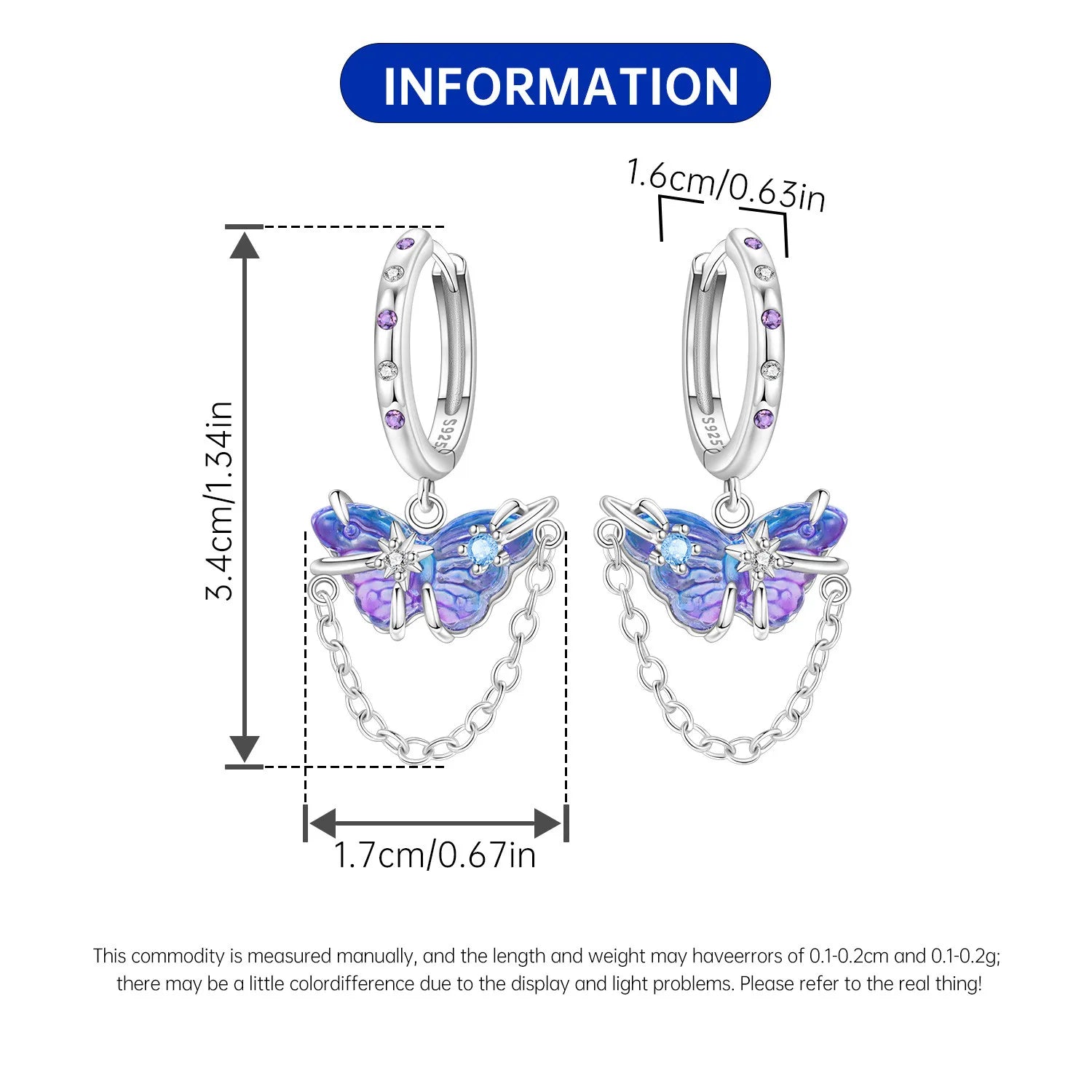 PANPOKI 925 Sterling Silver Purple Butterfly Insect Drop Earrings Women Earrings Charm Fashion Versatile Party Jewelry Gifts
