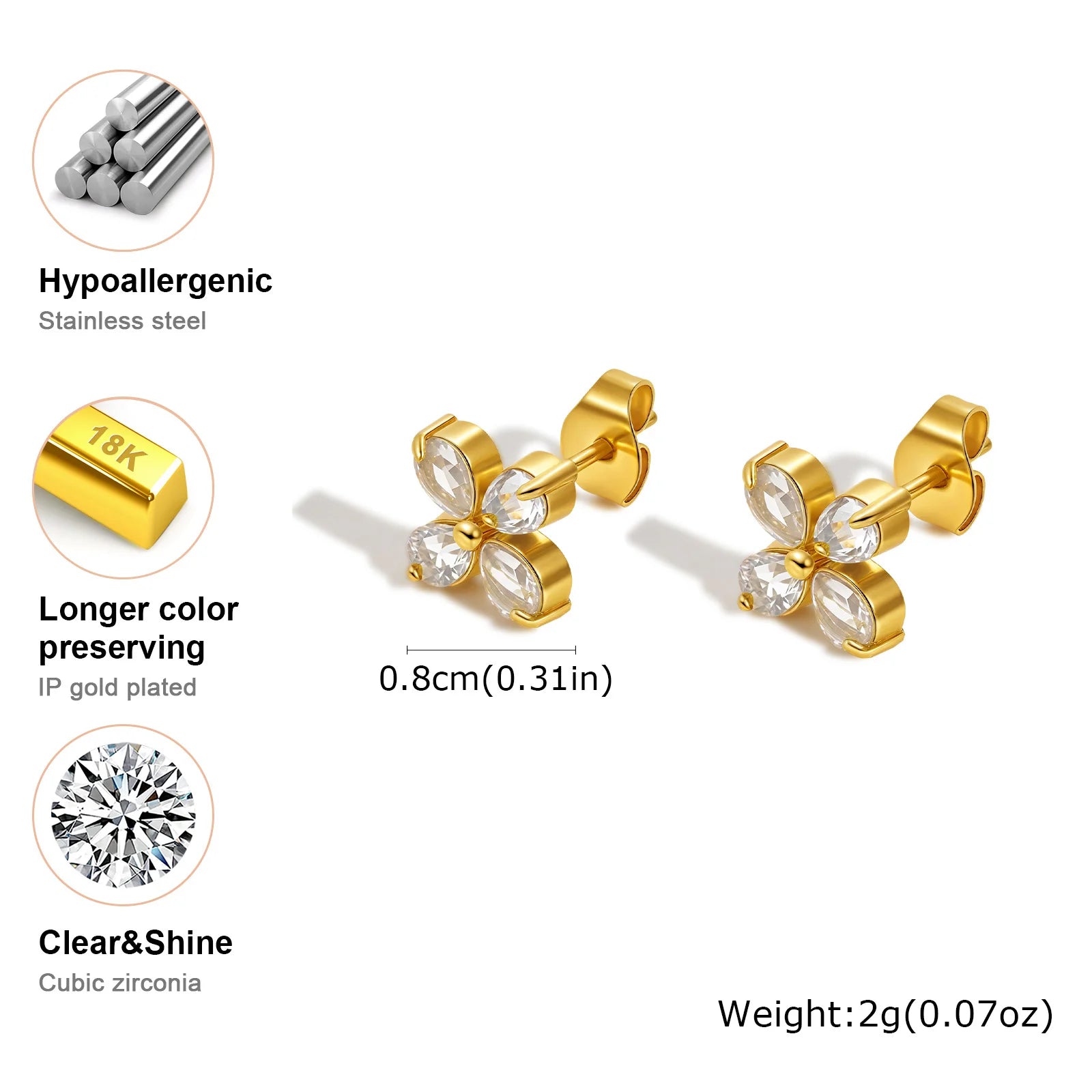 Vnox New Four Petal Zircon Stud Earrings For Women,Stainless Steel Hypoallergenic Screw Piercing Earring,Jewelry Girls Accessory