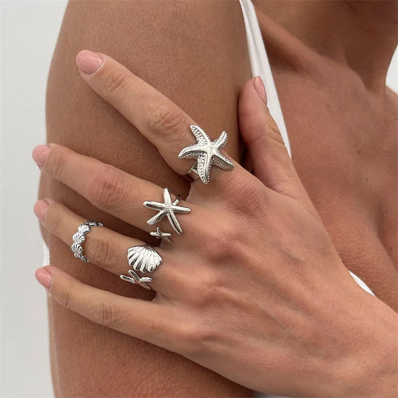 Bohemia Starfish Ring Set for Women Gold Color Sun Sea Shell Geometric Opening Adjustable Finger Rings Vacation Beach Jewelry