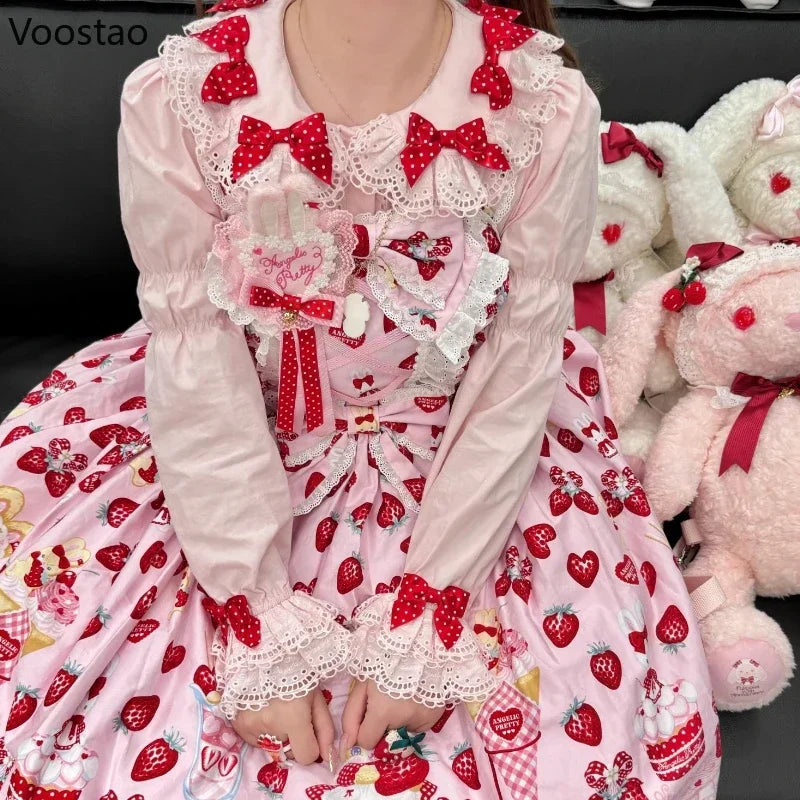 Japanese Style Sweet Lolita Shirts Women Harajuku Peter Pan Collar Bow Lace Ruffles Long Sleeve White Blouse Blusas Mujer Tops