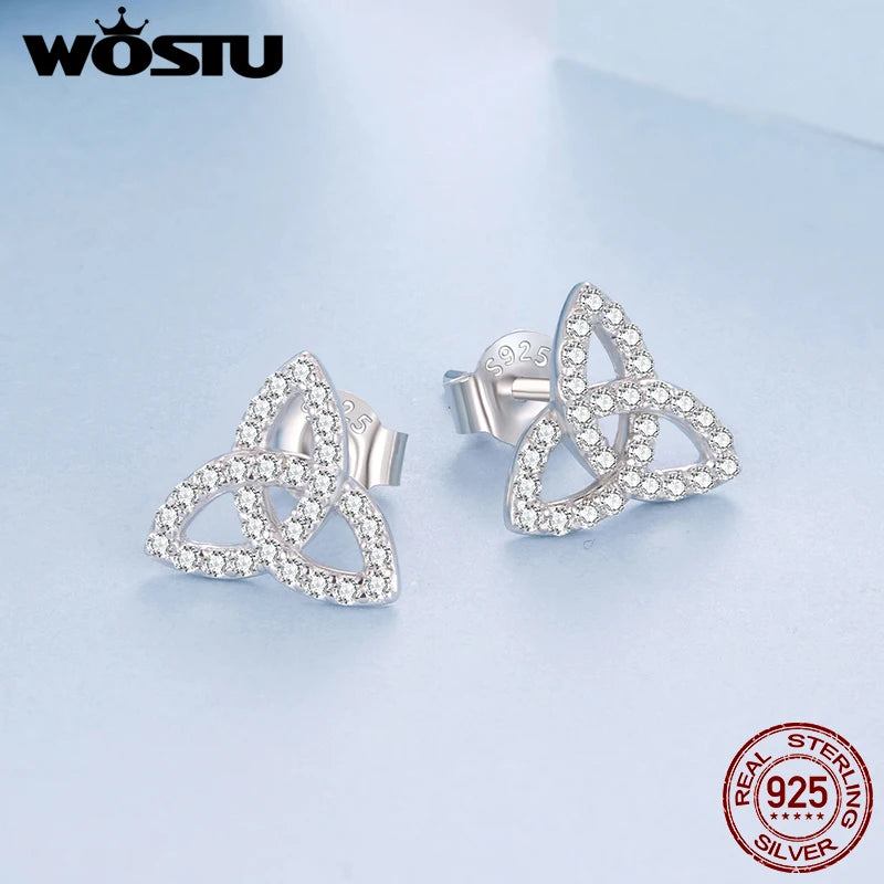 WOSTU Solid 925 Sterling Silver Clover Wedding Stud Earrings, Unique Shamrock Silver Earrings with CZ Jewelry Gift for Her