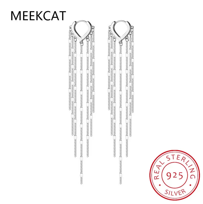 Real 925 Sterling Silver Long Tassel Sparkling Trendy Drop Earrings for Women Dangle Earrings Fine Jewelry Wedding Gift G7026