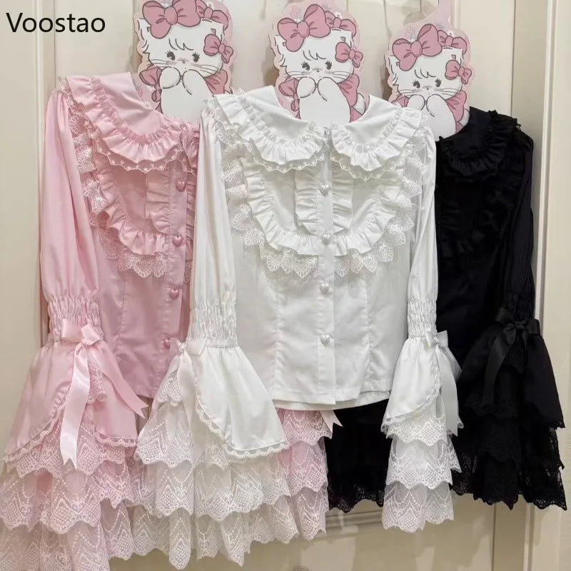 Japanese Sweet Lolita Style Blouses Women Cute Lace Peter Pan Collar Bow Flare Long Sleeve Gothic Shirts Female Kawaii Y2k Tops