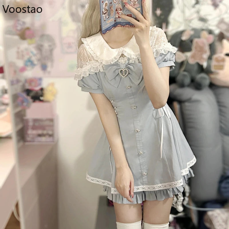 Japanese Style Sweet Bow Dress Shorts Set Women Kawaii Lace Puff Short Sleeve Shirt Dresses Female Gothic Y2k Lolita Outfits