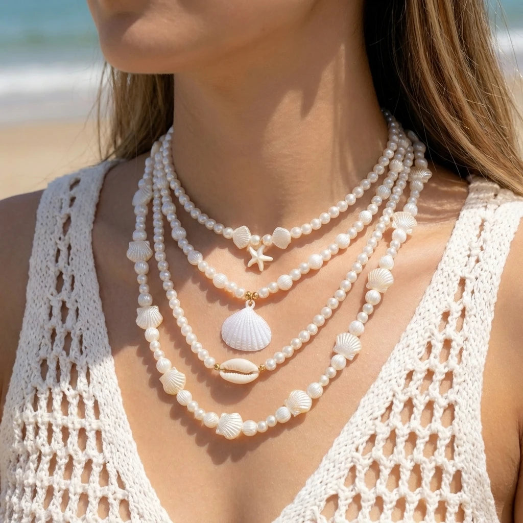 Bohemian Double Layer Seashell Necklaces For Women Handmade White Rice Beads Shell Short Collar Choker Beach Party Neck Jewelry