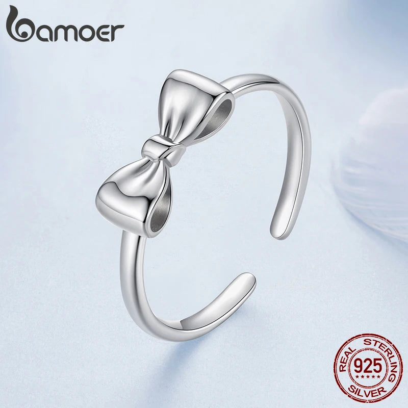 BAMOER Solid 925 Sterling Silver Bowknot Ring for Women, Elegant Adjustable Bow Band Romantic Jewelry Gift for Her