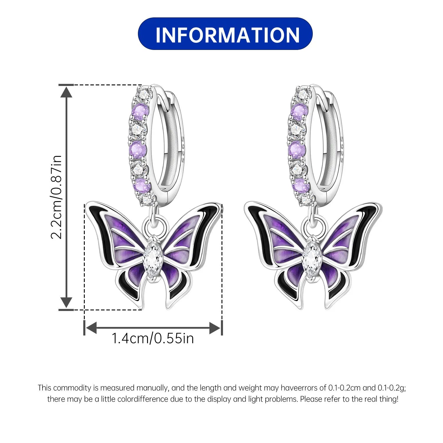 PANPOKI 925 Sterling Silver Purple Butterfly Insect Drop Earrings Women Earrings Charm Trend Versatile Party Jewelry Gifts