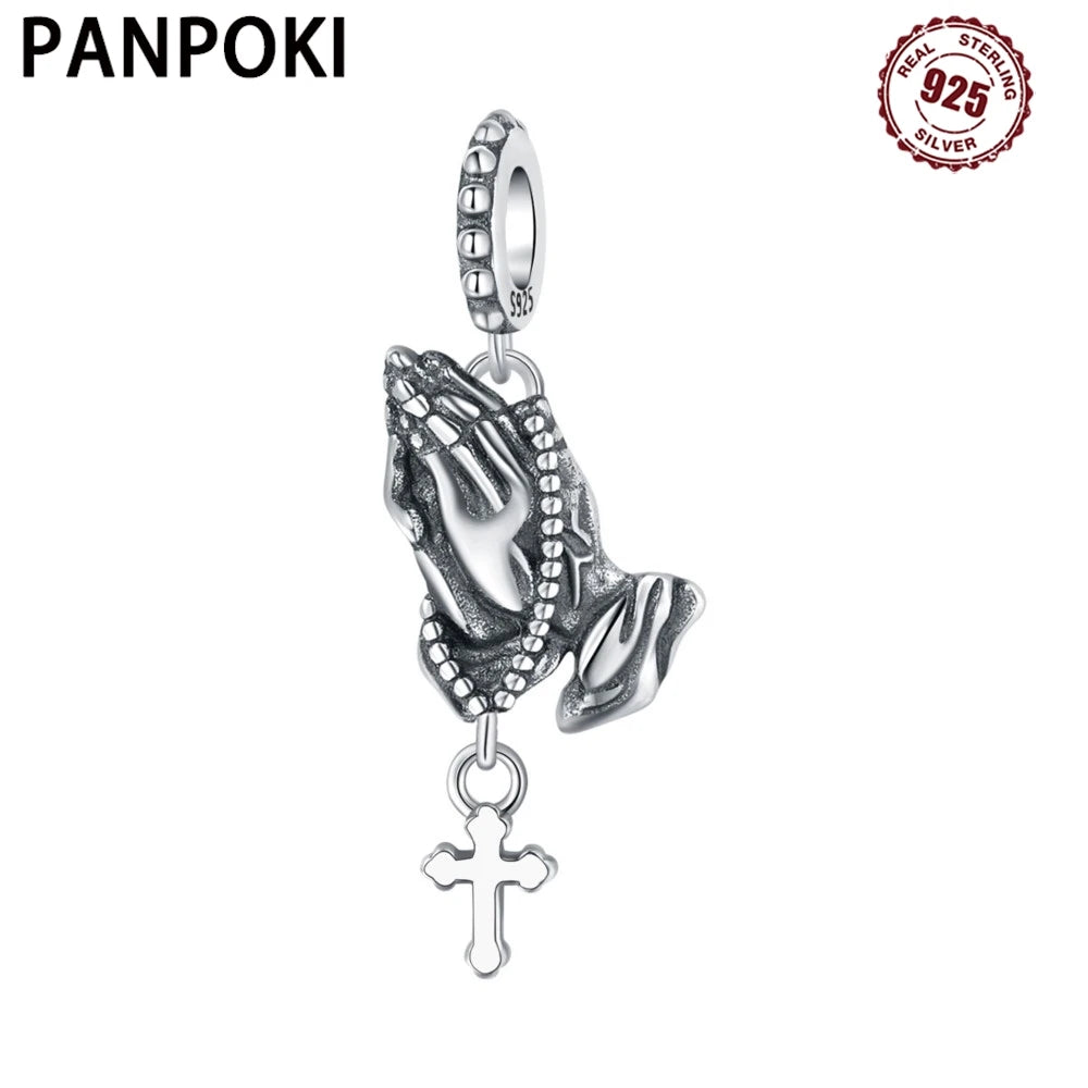 PANPOKI 925 Sterling Silver Prayer Hand Pendant Beads Fit Women Bracelets Charms DIY Birthday Party Gifts Jewelry Accessory
