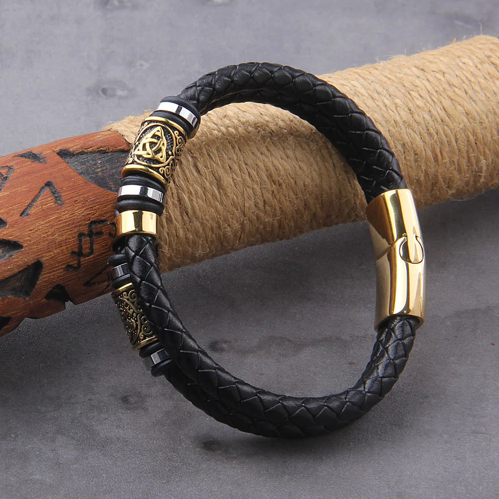 Punk Men Vikings Style Genuine Leather Bracelet Braided Multilayer Stainless Steel Norse Runes Bead Bangles Couple Jewelry Gift