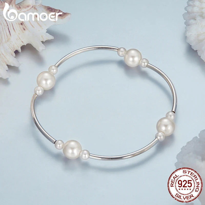 BAMOER Perlenarmband aus 925er Sterlingsilber für Damen, zierliches, verstellbares Perlenarmband mit Kette BSB203