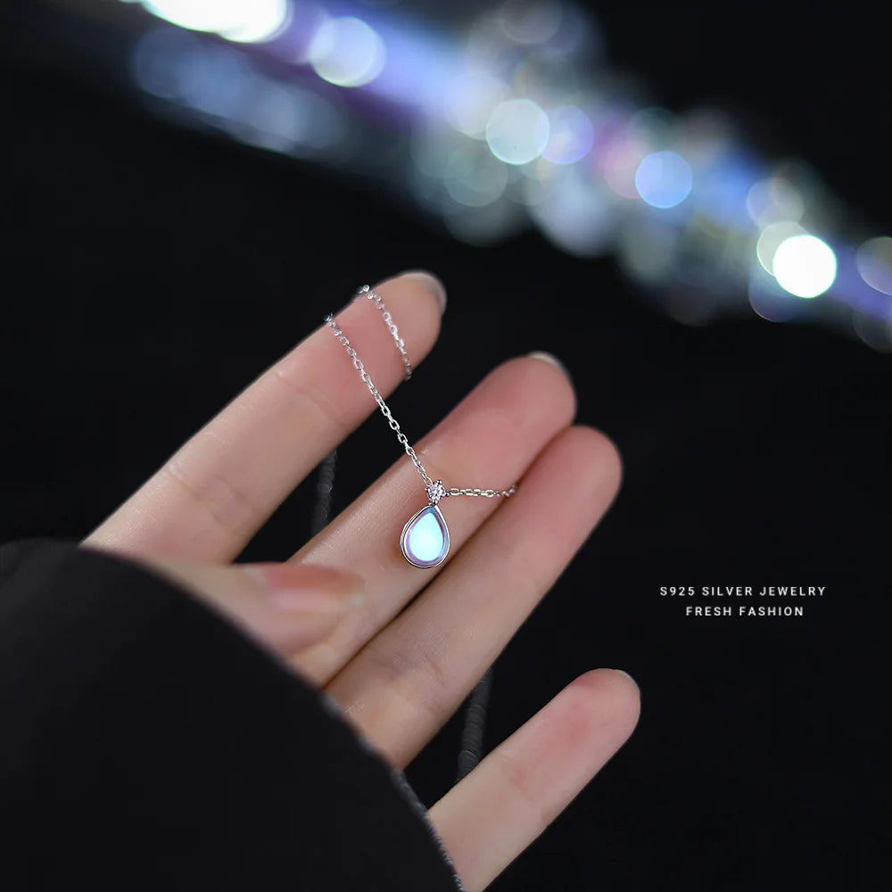 925 Sterling Silver Moonstone Water Drop Pendant Necklace for Women Vintage Elegant Temperament Jewelry Accessories