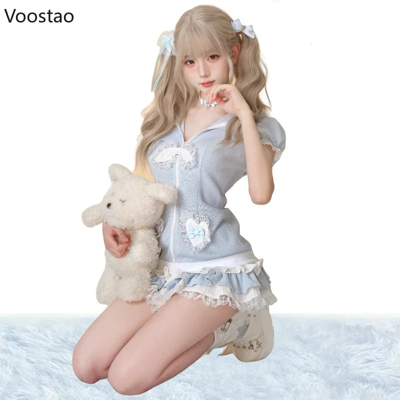 Japanese Sweet Lolita Style Skirt Set Women Kawaii Bear Ear Hooded Coat Top Cute Cake Skirt Suit Female Y2k Bowknot Lace Outfits
