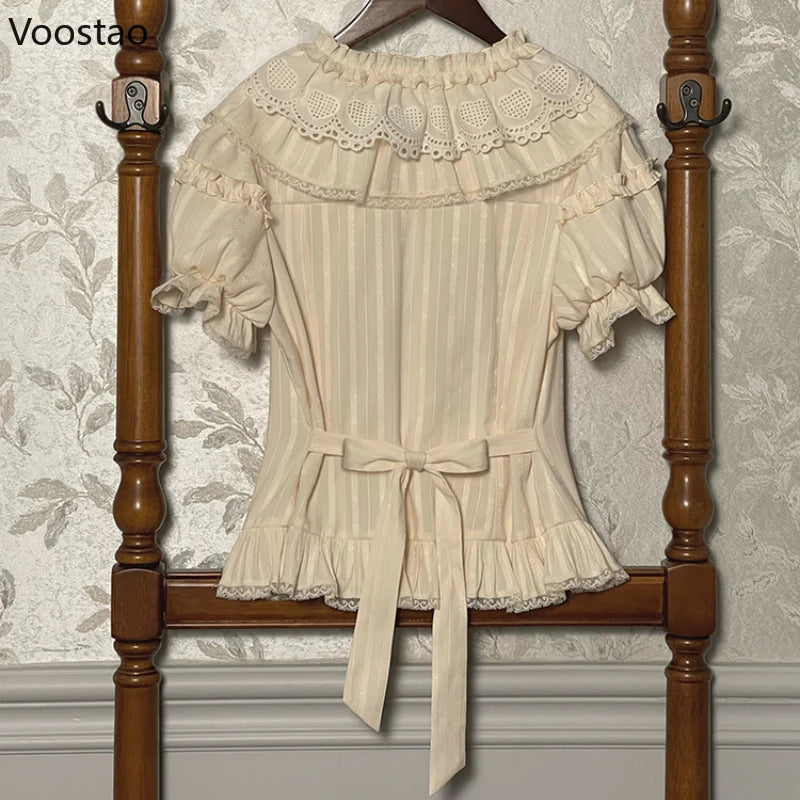 Sweet Lolita Style Shirts Women Vintage Kawaii Puff Short Sleeve Ruffle Bow Blouses Girls Gothic Y2k Slim Tops Punk Blusas Mujer