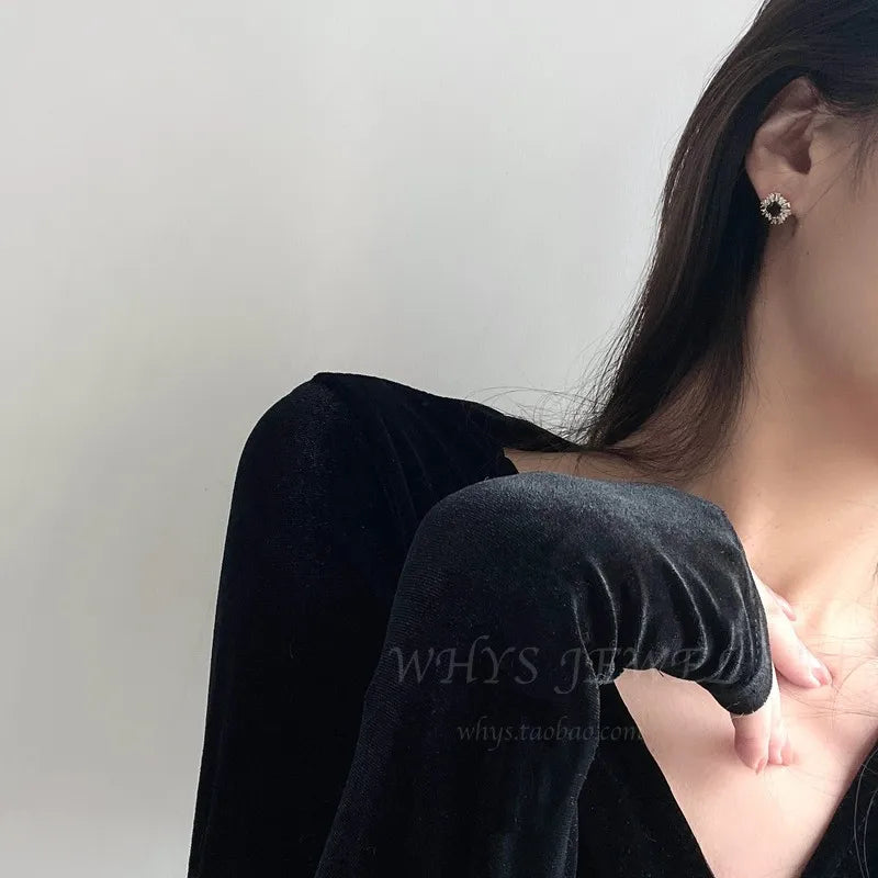 Boucles d'oreilles en argent sterling 925 plaqué or 14 carats et zircon noir pour femme, style vintage français, bijoux polyvalents