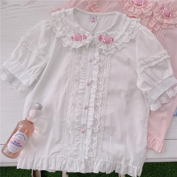 Japanese Cute Lolita Blouses Women Kawaii Candy Peter Pan Collar JK Shirt Tops Girls Sweet Lace Ruffles Puff Sleeve Chic Blouse