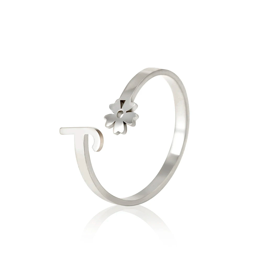 Stainless Steel Flower 26 Alphabet Open Ring for Women A-Z Initial Name Ring 2022 New Fashion Jewelry for Birthday Gift