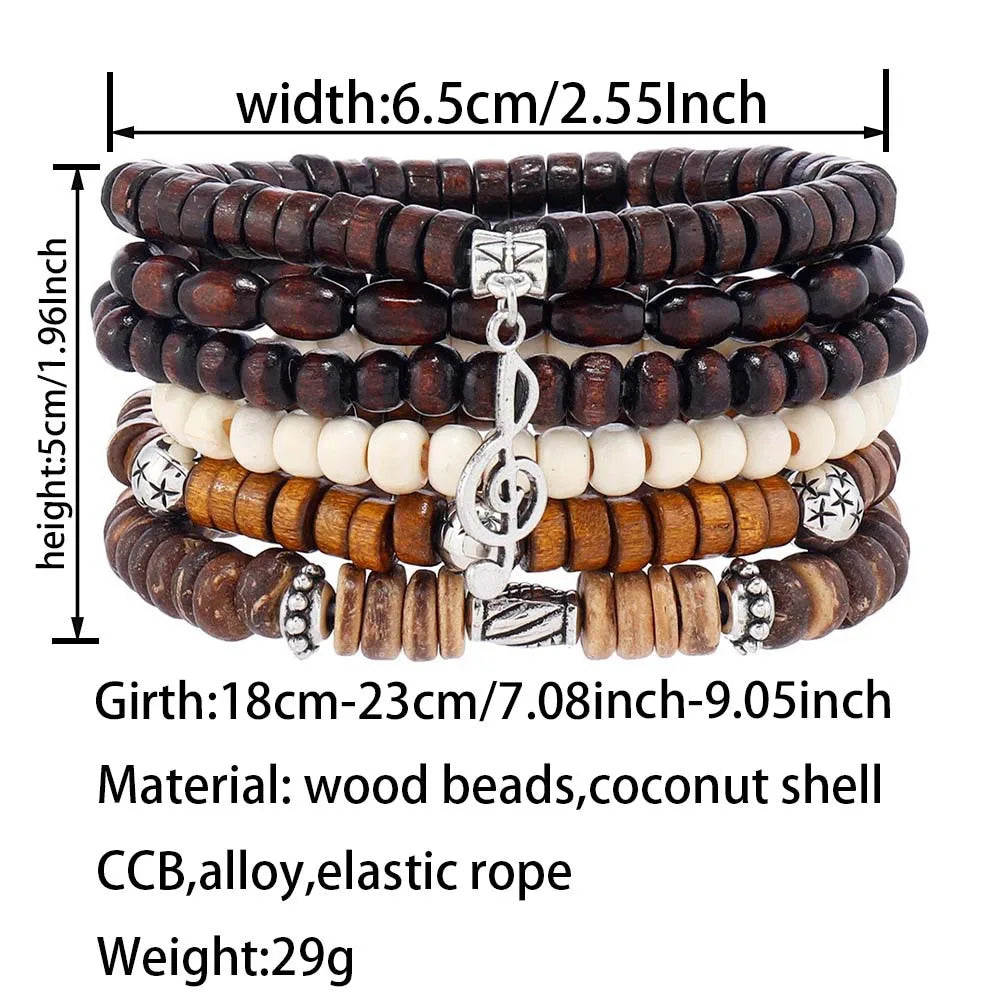 4Pcs/ Set Braided Wrap Leather Bracelets for Men Vintage Life Tree Rudder Charm Wood Beads Ethnic Tribal Wristband Rope Bracelet