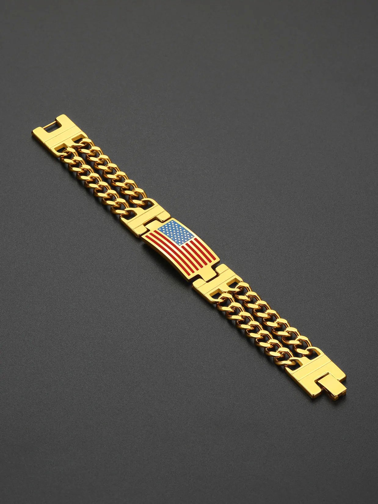 ChainsPro Stainless Steel 17.5mm Wide USA Flag Bracelet Bangle for Man Double Curb Chain 4th of July Independence Day 19 21 23cm