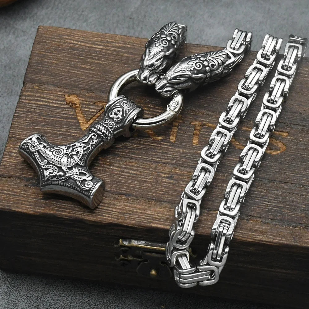 Stainless Steel Wolf Head with King Chain Necklace thor's hammer mjolnir viking  Rune Amulet Domineering Biker Jewelry