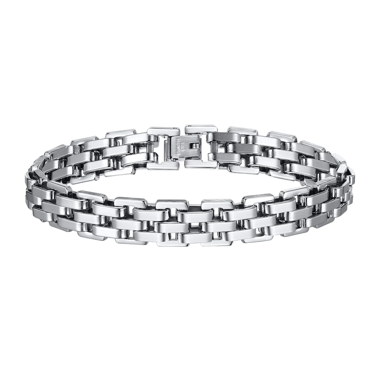 Vnox 11mm Watchband Shaped Chain Bracelet for Men Teens Boys,Strap Chain Bracelets, Black Silver Color Stainless Steel Wristband