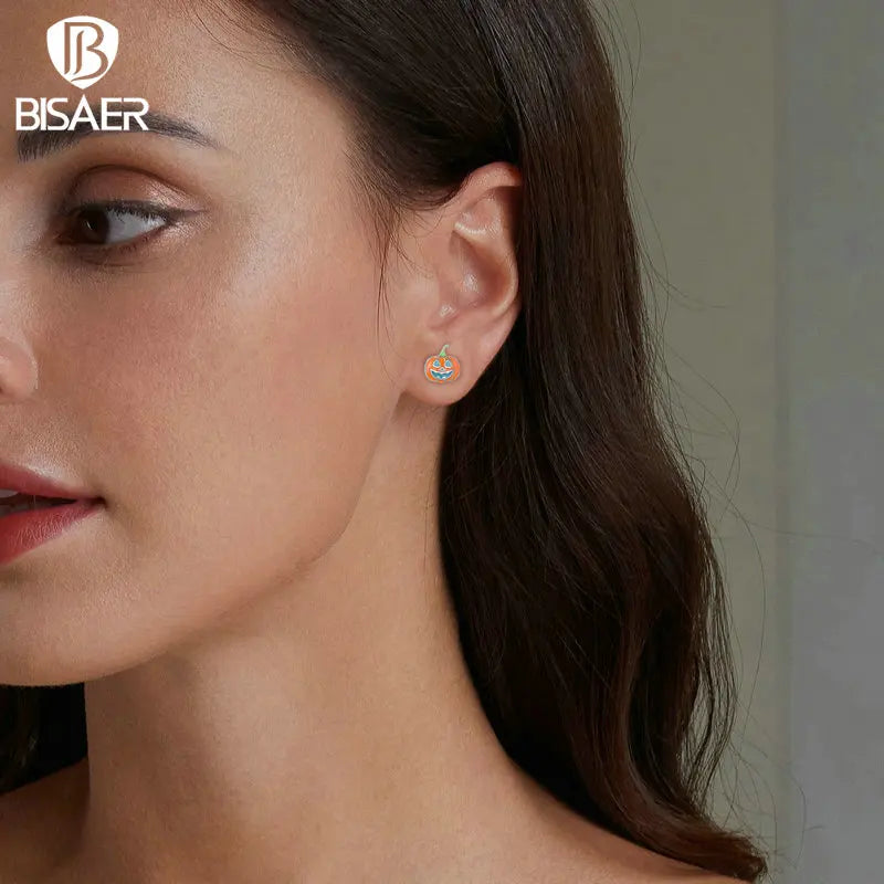 Boucles d'oreilles à tige en argent sterling 925 BISAER en forme de citrouille phosphorescente pour femme, bijoux fins pour fête d'Halloween
