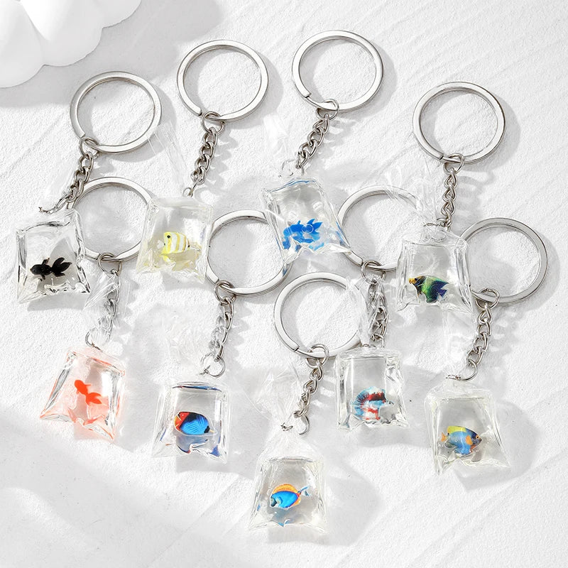 Resin Goldfish Water Bag Keychain Key Ring For Women Men Creative Koi Tropical Coral Fish Marine Animals Bag Box Car Key Jewelry