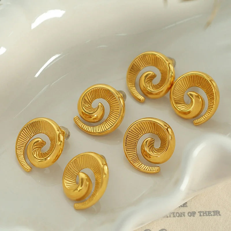 Stylish Stainless Steel 18K Gold Plated Conch Statement Studs for Women Texture Screw Earring Waterproof Jewelry Gift