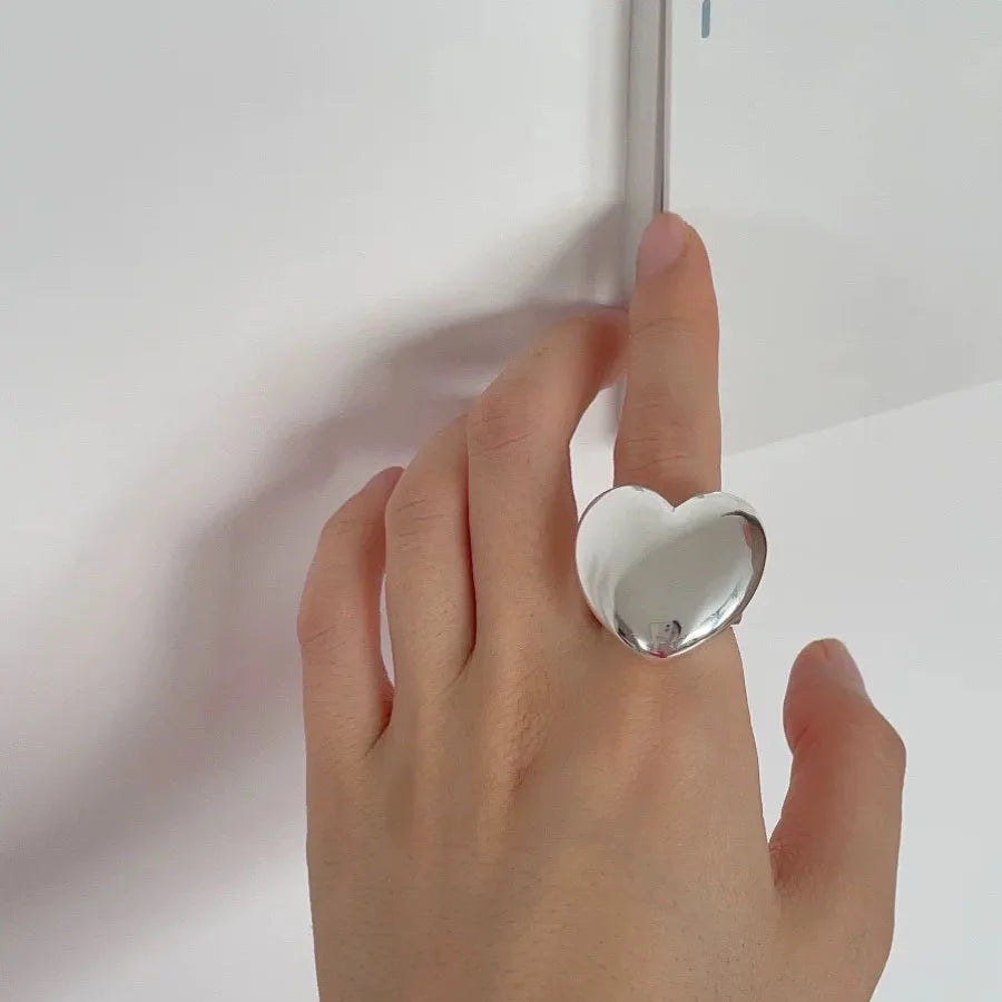 925 Sterling Silver Rings For Women Geometric Fine Jewelry Finger Adjustable Simple Smooth Heart Ring For Party Birthday Gift