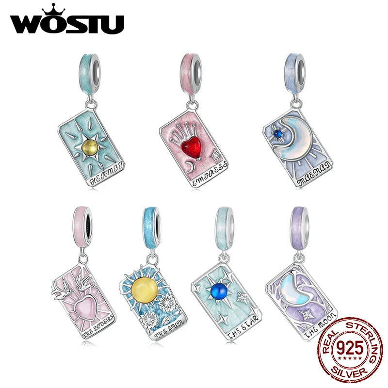 WOSTU 925 Silver Sun Moon Star Tarot Cards Charm Red Queen Tarot Pendant Fit Original DIY Bracelet Necklace Birthday DIY Jewelry