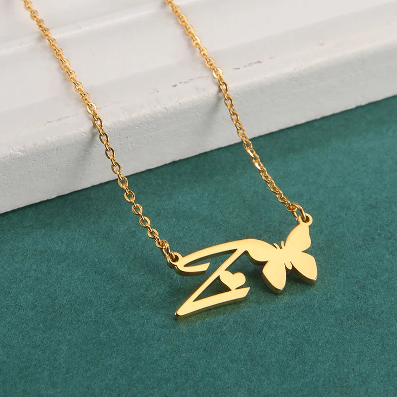 New Fashion 26 Initials Letter Pendant Butterfly Necklace for Women Elegant Stainless Steel Gold Color Necklace Jewelry Gift
