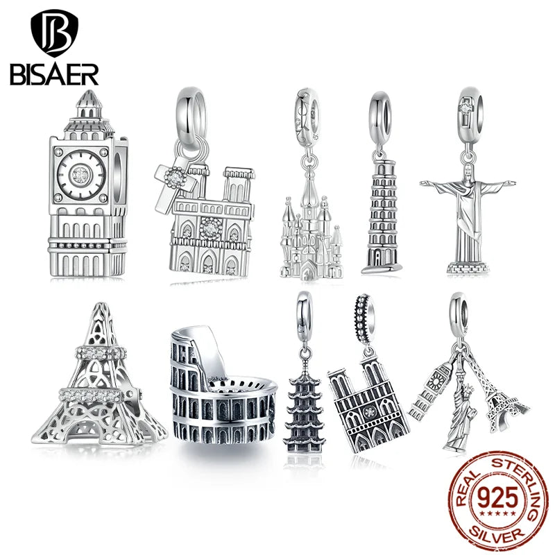 BISAER 925 Sterling Silver World Famous Building Style Charms Beads Eiffel Tower Big Ben Pendant Fit Bracelets DIY Fine Jewelry