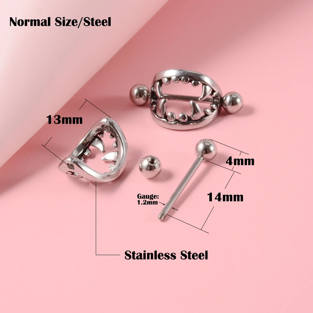 2Pcs 14G Sexy Teeth Nipple Ring Shield Cover Barbell Nipple Piercing Bar for Women Surgical Steel Breast Body Piercing Jewelry