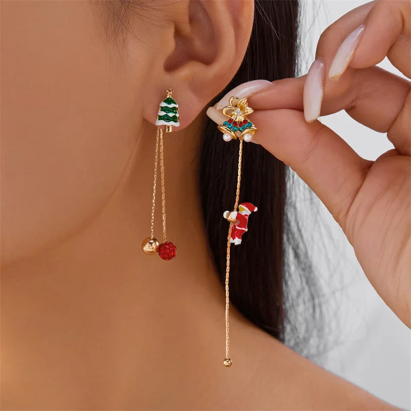 Creative Asymmetric Christmas Tree Snowman Snowflake Drop Earring for Women Moving Santa Claus Long Tassel Earring Party Jewelry