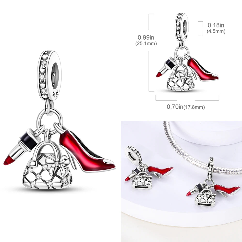 925 Silver Girl Lady Lipstick Makeup Charm Dangle Pendant Beads Fit Original Bangle Cosmetic Charms Bracelet DIY Making Jewelry